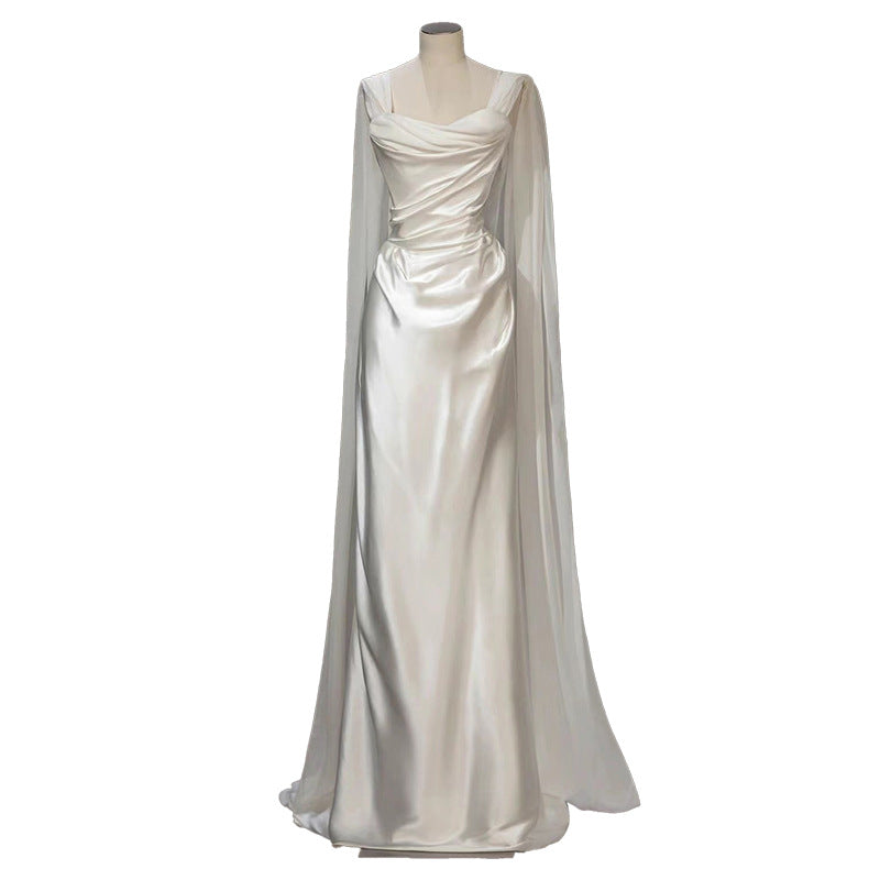 French white satin light colored wedding dress