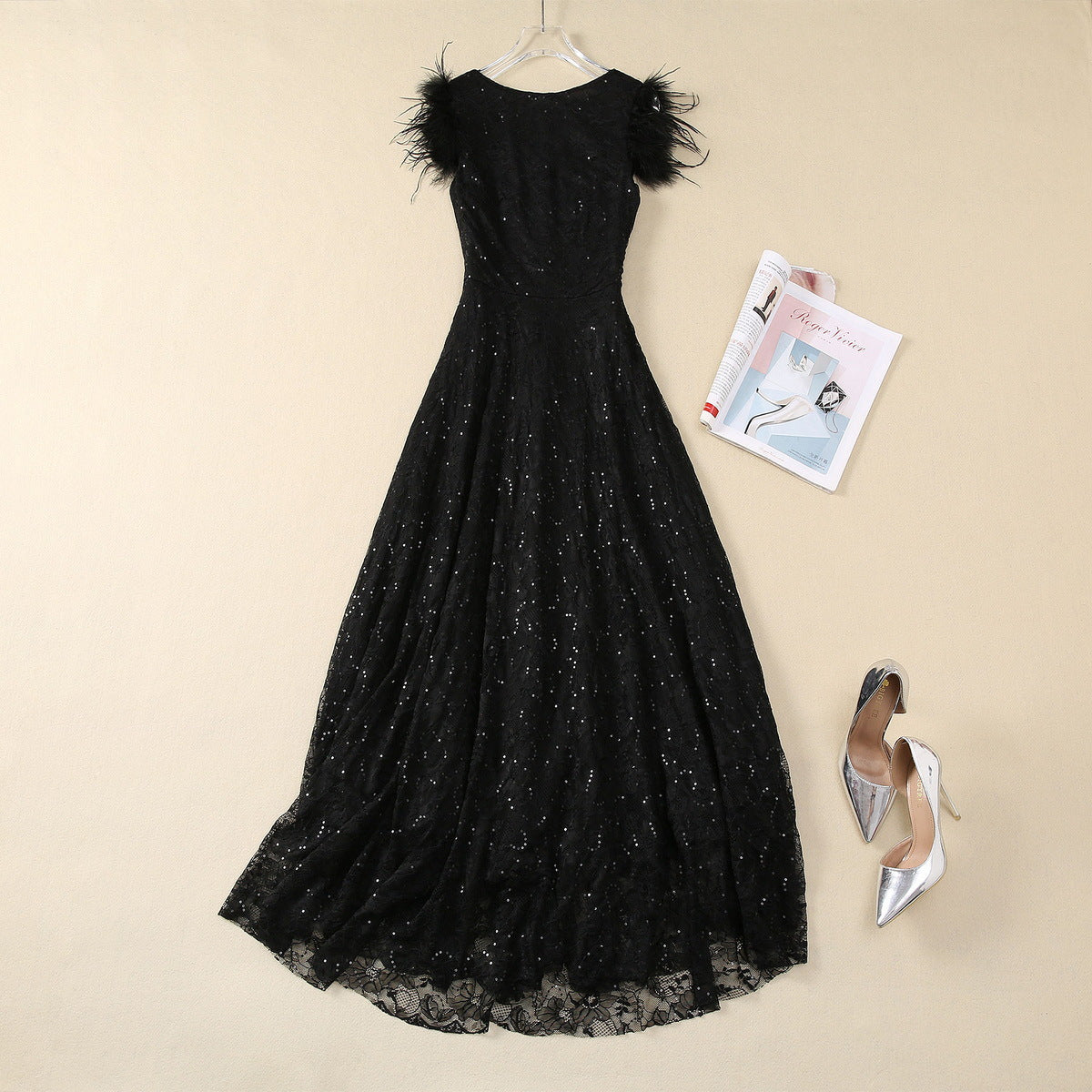 Sparkling lace feather flying sleeve dress for women