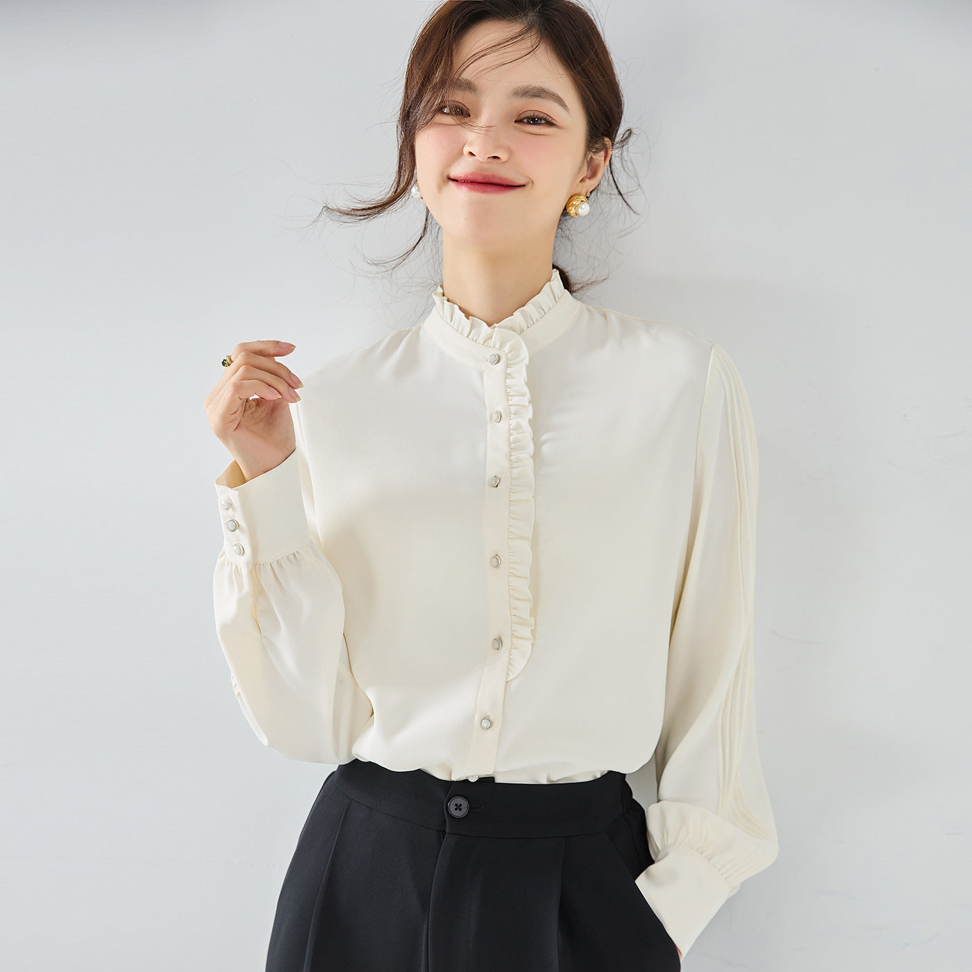 New elegant French chiffon shirt with ruffle collar top