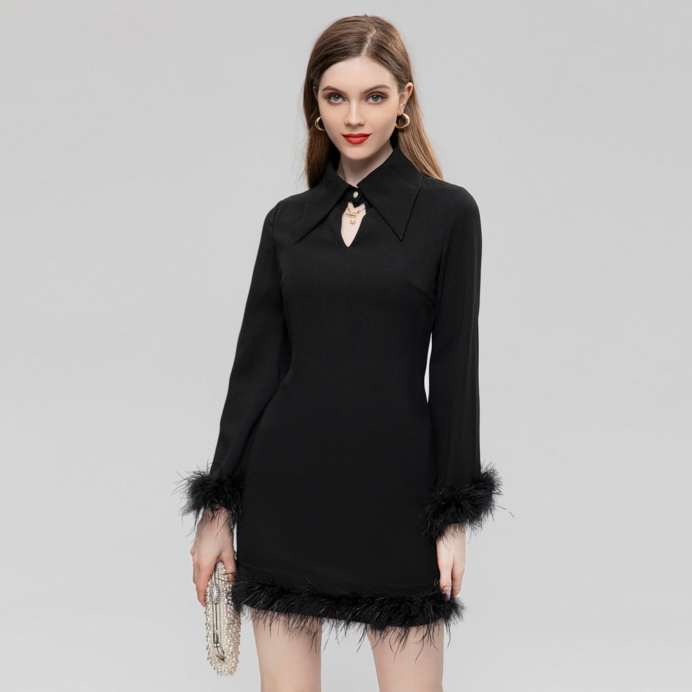 Collar feather long sleeved dress