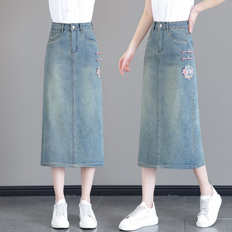 New Chinese embroidery ethnic style denim skirt