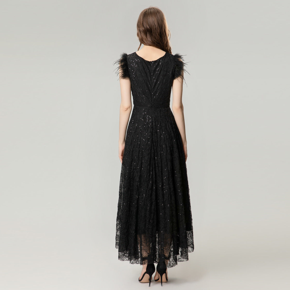 Sparkling lace feather flying sleeve dress for women