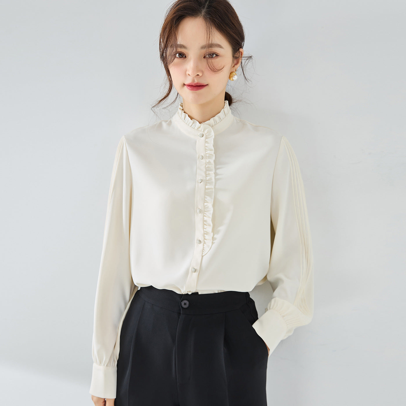 New elegant French chiffon shirt with ruffle collar top