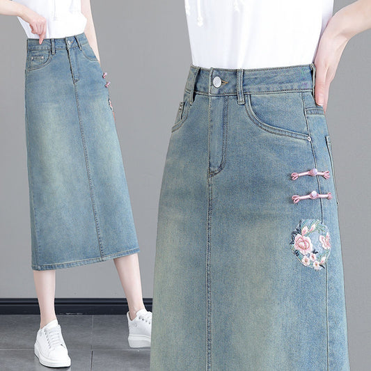 New Chinese embroidery ethnic style denim skirt