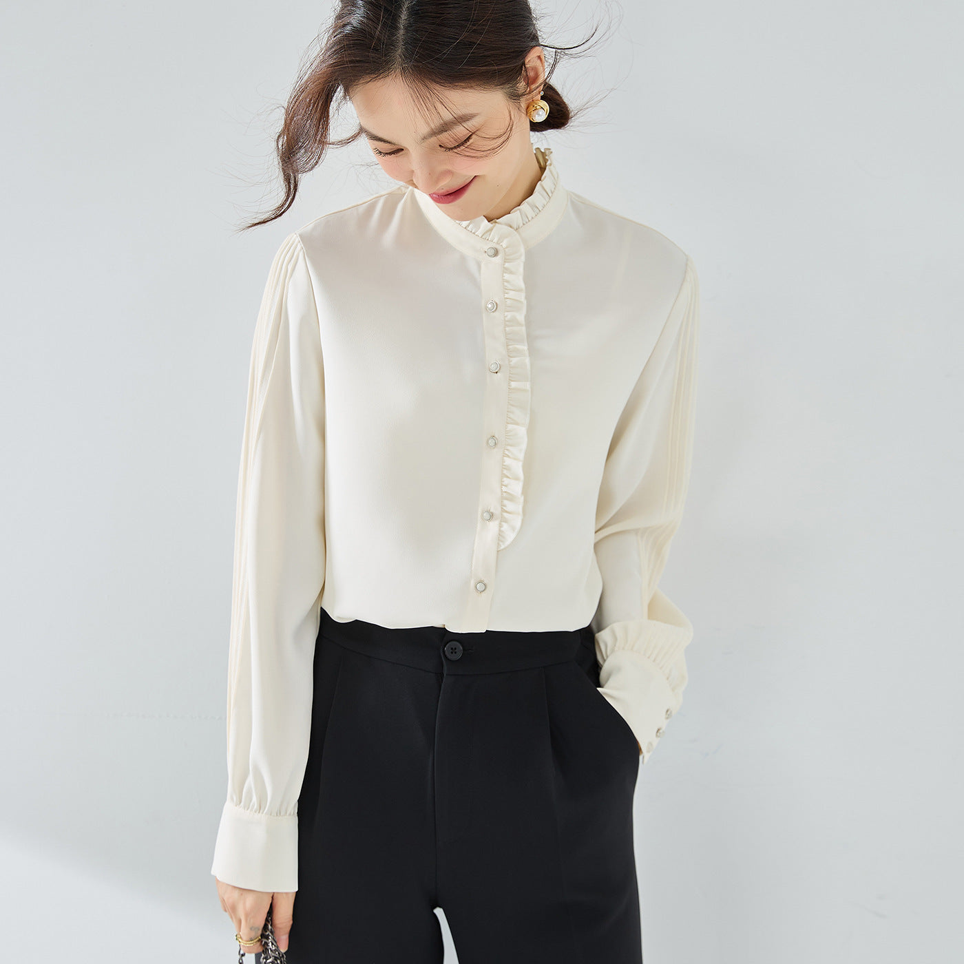 New elegant French chiffon shirt with ruffle collar top