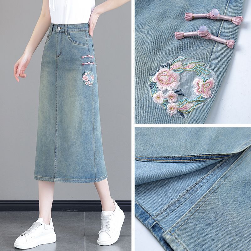 New Chinese embroidery ethnic style denim skirt