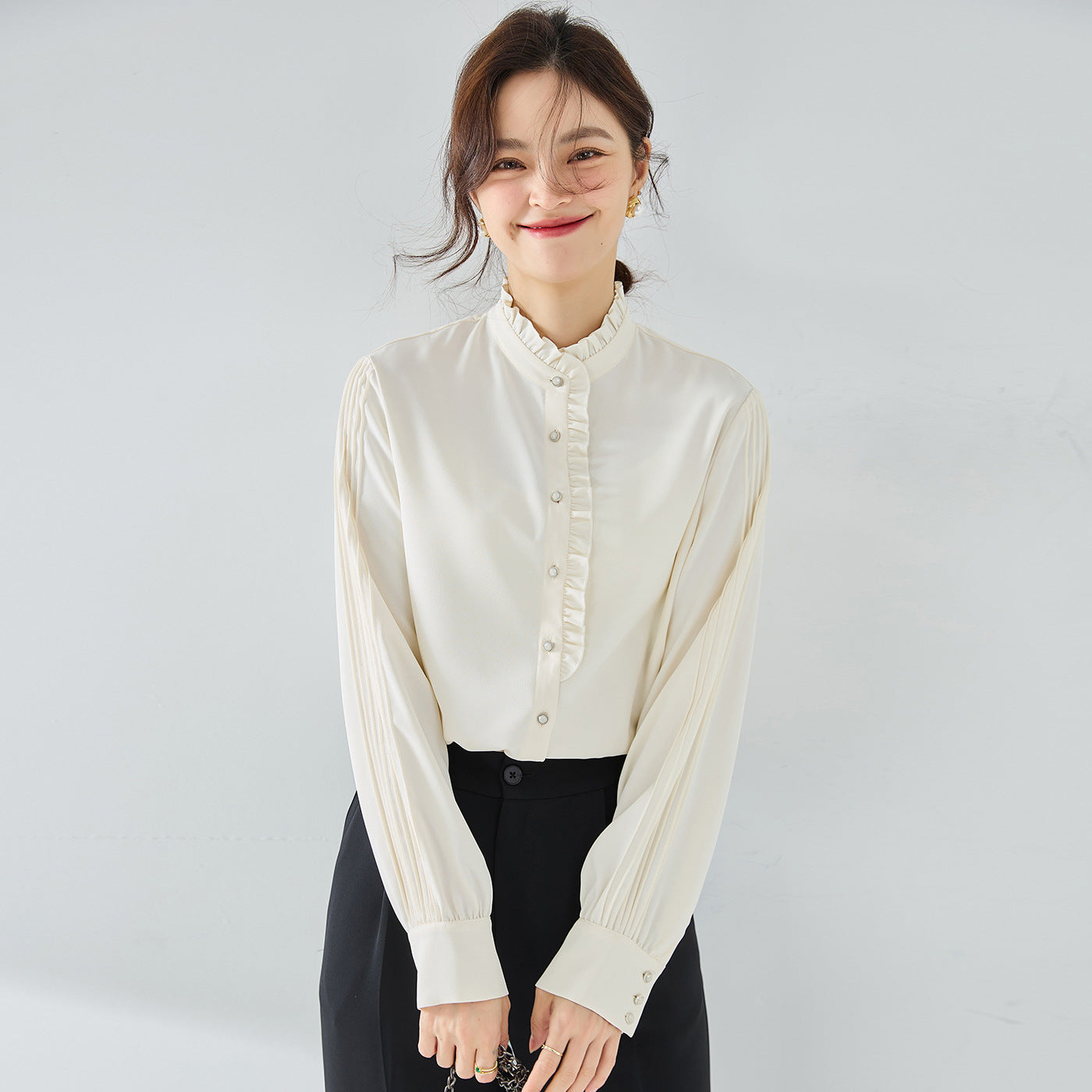 New elegant French chiffon shirt with ruffle collar top