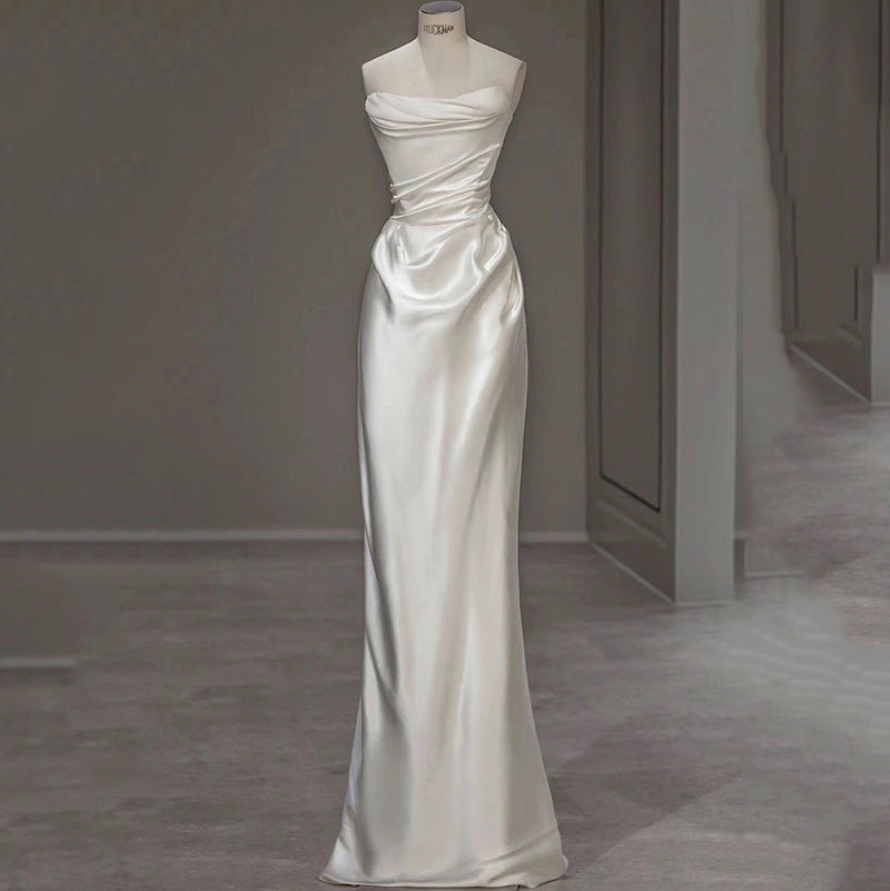 French white satin light colored wedding dress