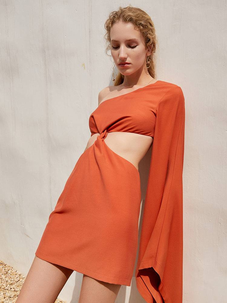 Asymmetric Knotted Slant Shoulder Resort Dress