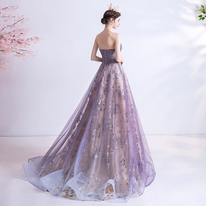 Strapless purple sequin starry sky dress wedding dress