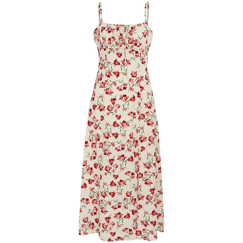 French vintage floral suspender slit dress