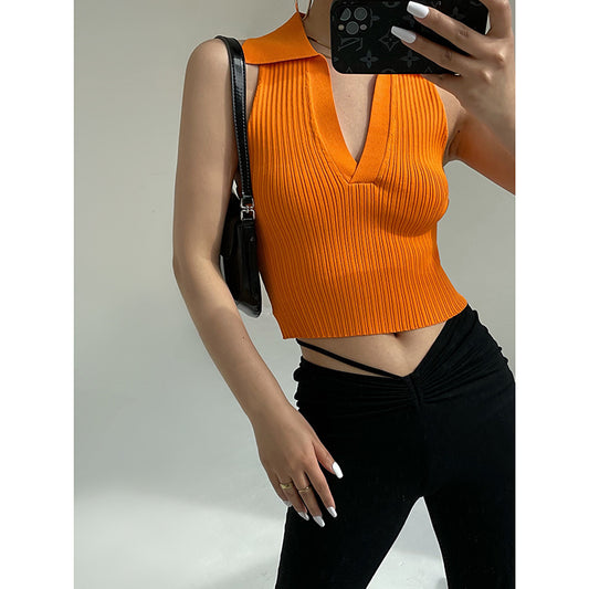 Ladies' Polo Knitted Open Umbilical Top with Collar