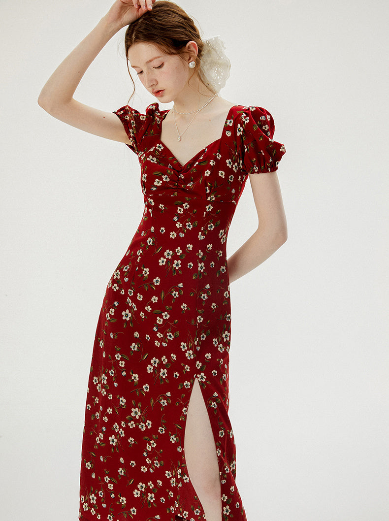 Vintage Floral Red Dress With Bubble Sleeves