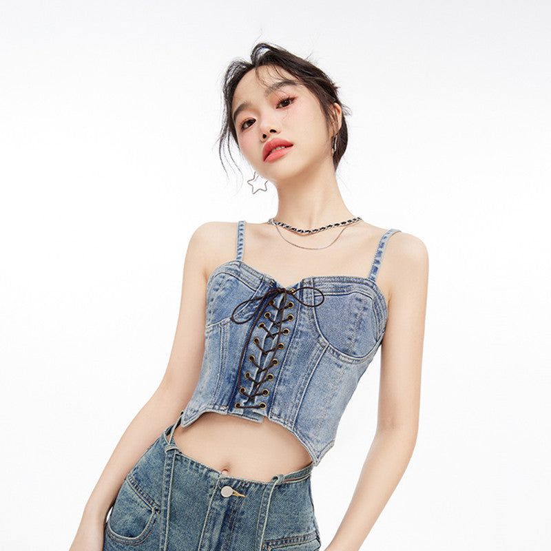 Women's lace up slim fit short denim vest