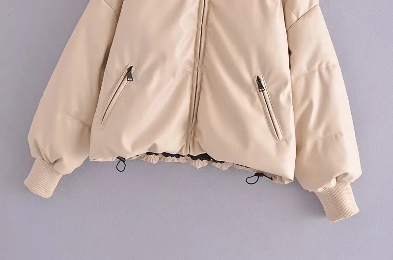 Fashion Urban Casual Solid Color Simple PU Cotton Jacket Women's Small Stand-up Collar