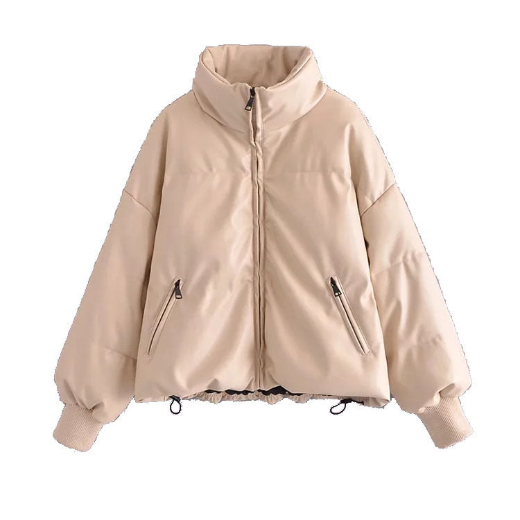 Fashion Urban Casual Solid Color Simple PU Cotton Jacket Women's Small Stand-up Collar