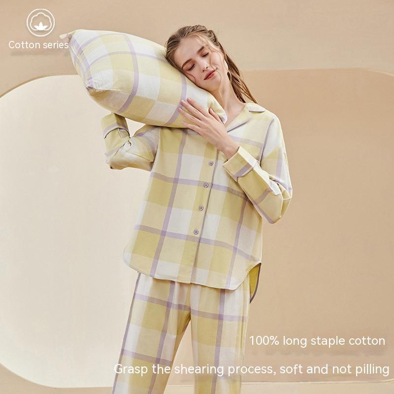 Double-sided Brushed Woven Large Plaid Pajamas Cotton Pajamas Cotton Ladies Home Leisure Suit