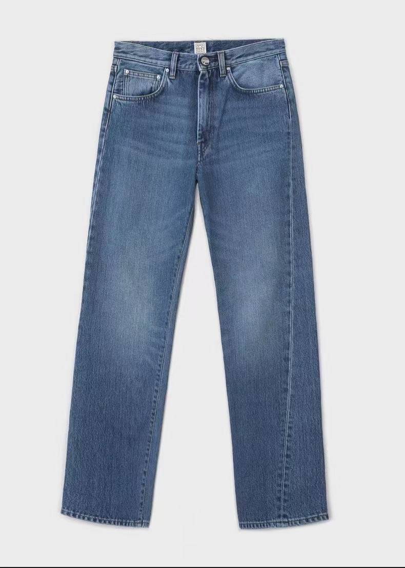 European and American high waisted elastic twisted straight leg seven quarter jeans