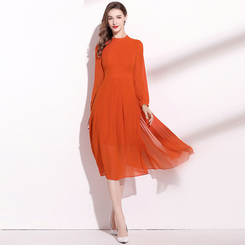 Orange Long Sleeve Dress Elegant Lady