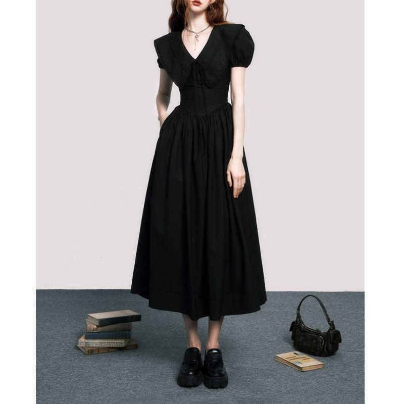 French Gentle V-neck Puff Sleeve Black Dress