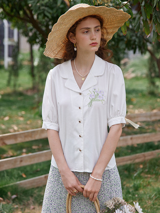 New Women's French Vintage Colorful Embroidered Modal Shirt