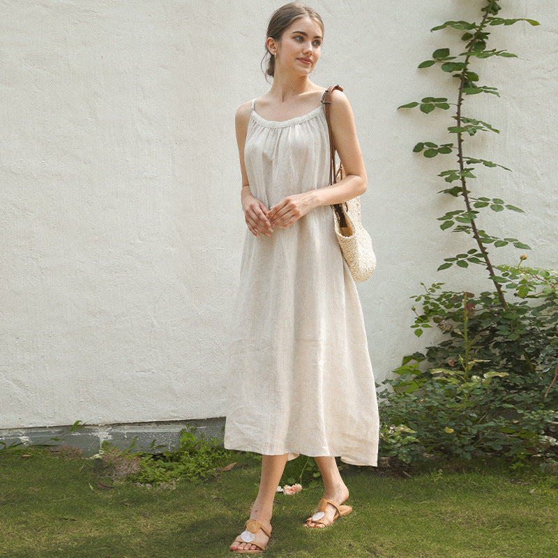 Linen Suspender Skirt Niche Design Cotton Linen Vacation Style Mid-length Dress Home Nightdress