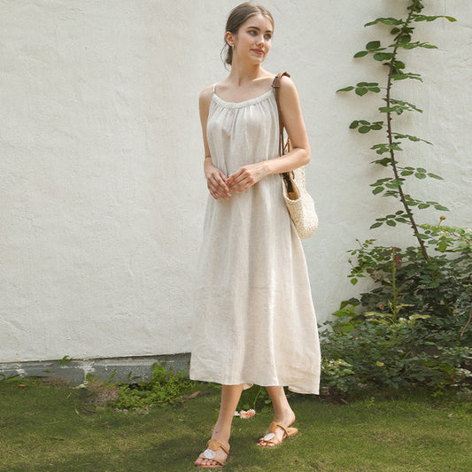 Linen Suspender Skirt Niche Design Cotton Linen Vacation Style Mid-length Dress Home Nightdress