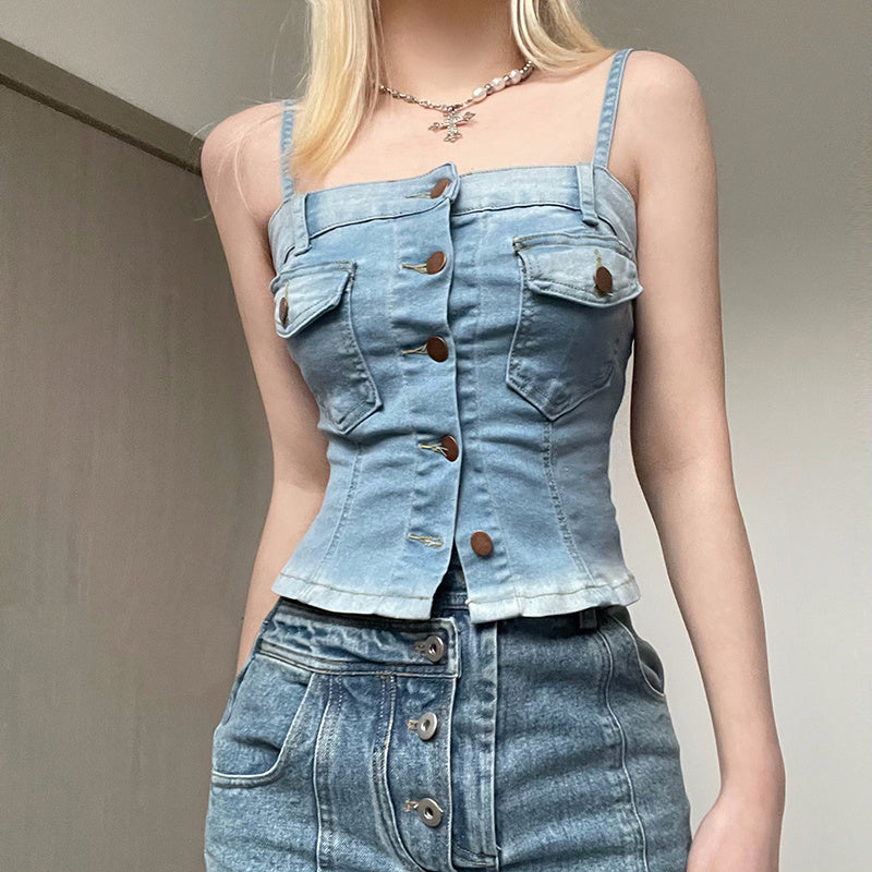 Women's Fashion Stitching Row Button Denim Camisole