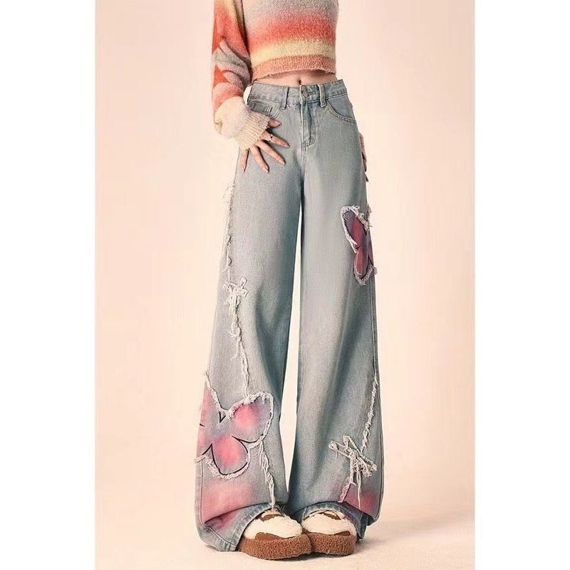 Tie-dyed Butterfly Slightly Spicy Jeans High Waist Slimming