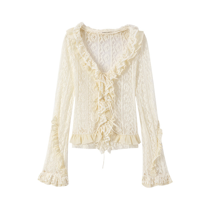 Lace tie paired with mushroom edged long sleeved pullover