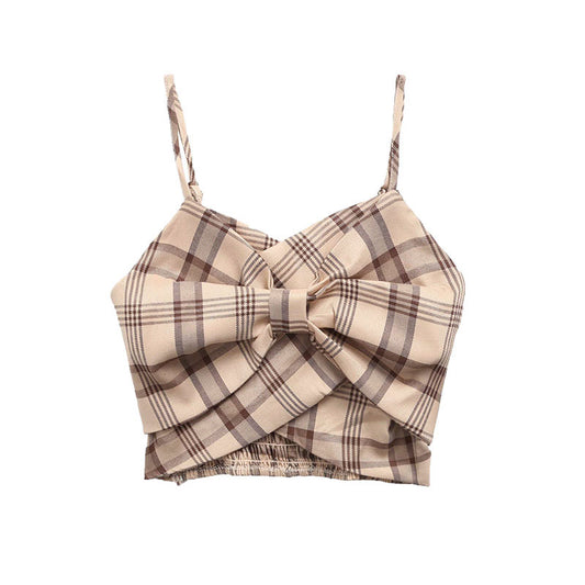 European And American Style Retro Plaid Bow Camisole Niche Design Top