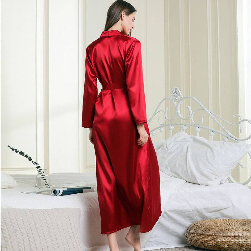 Faux Silk Lapel Long Nightgown Sexy Lace-up Pajamas