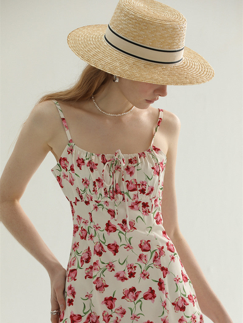 French vintage floral suspender slit dress