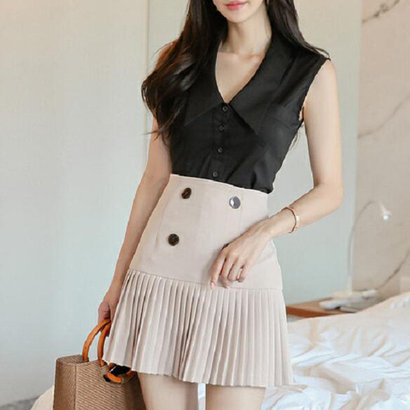 V-neck Sleeveless Shirt High Waist Pleated Skirt Two-piece Set