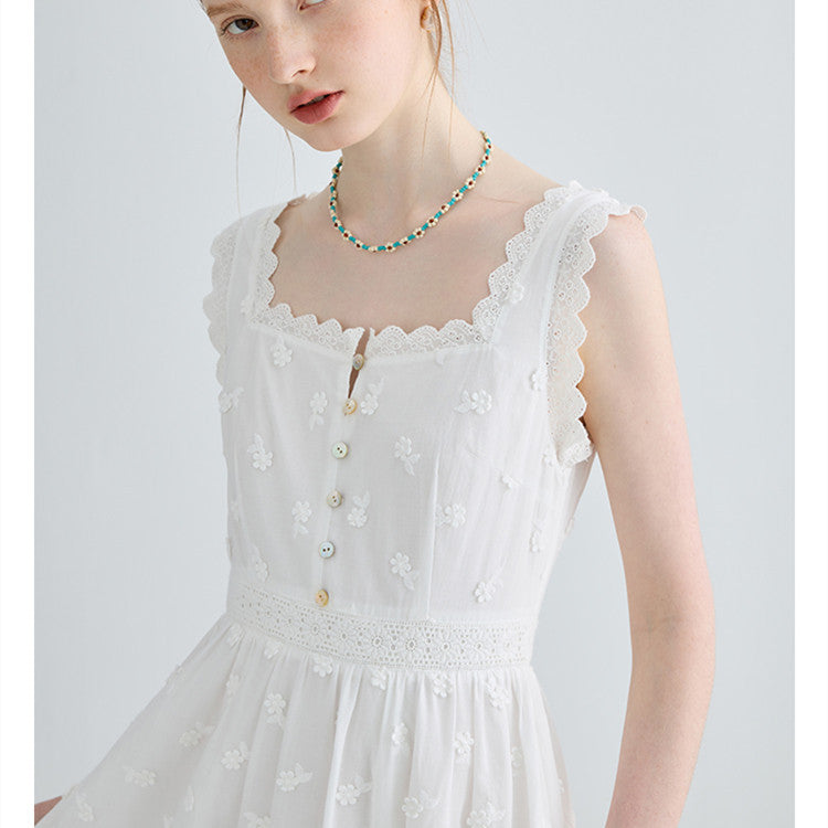 Women's Summer French White Suspender Dress