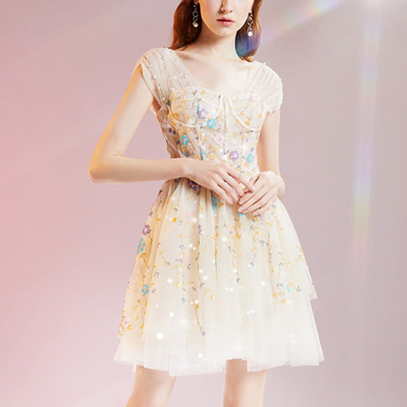 Floral Embroidered Interwoven Pearl Dress