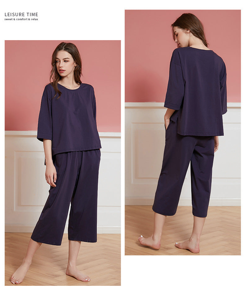 Women's Solid Color Casual Medium Long Trousers Knitted Cotton Pajamas Suit