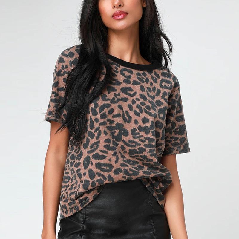 AliExpress Easy Summer New Leopard Printed Round Neck Loose Casual Ladies Short Sleeve Top