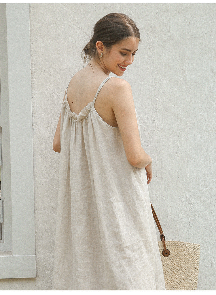 Linen Suspender Skirt Niche Design Cotton Linen Vacation Style Mid-length Dress Home Nightdress