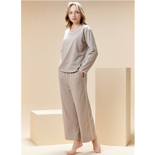 Autumn And Winter Ladies V-neck Pullover Comfortable Pajamas Suit