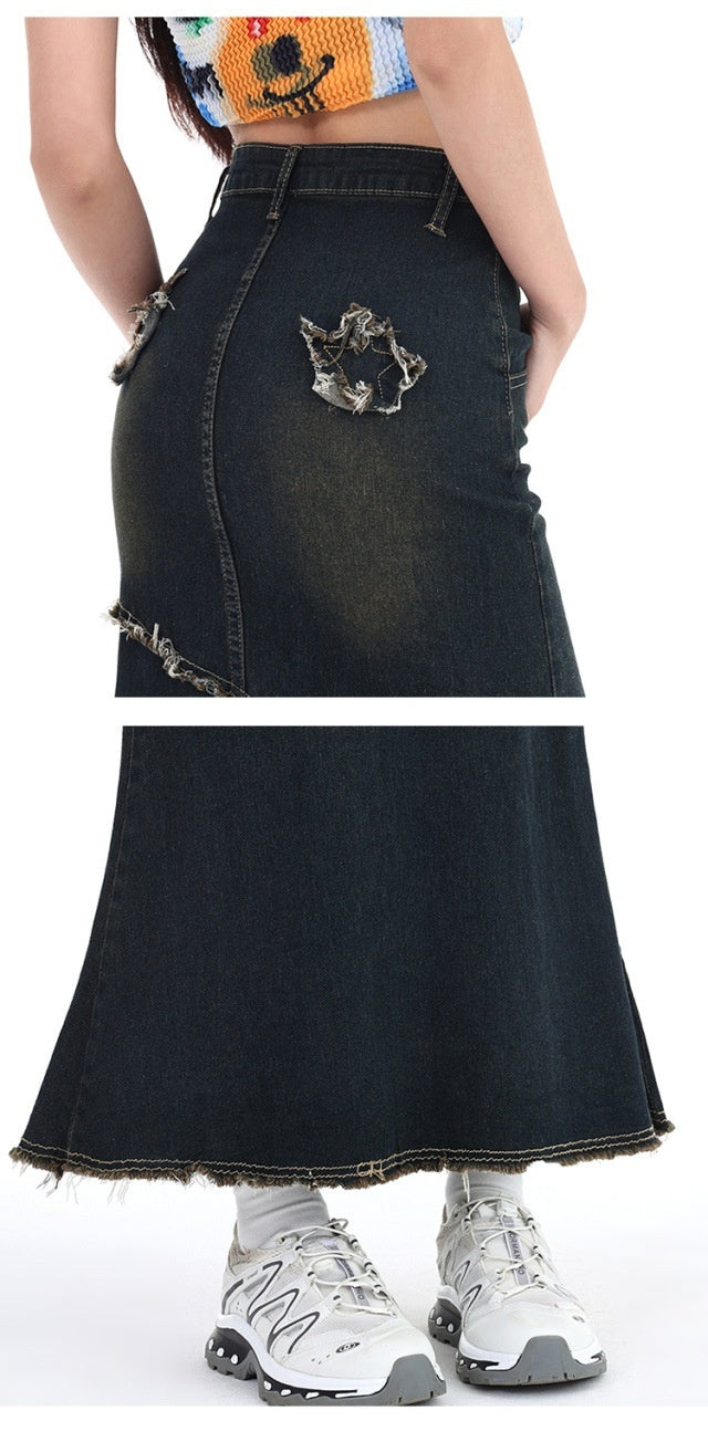 Retro Hot Girl High Waist Stretch A- Line Denim Skirt Women's Mid-length