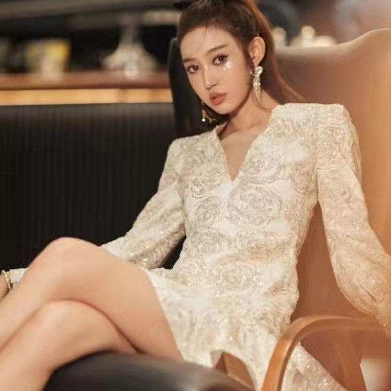 New Rose Sequins Western Style Light Luxury High Waist Dress Women