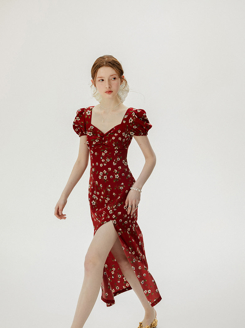 Vintage Floral Red Dress With Bubble Sleeves