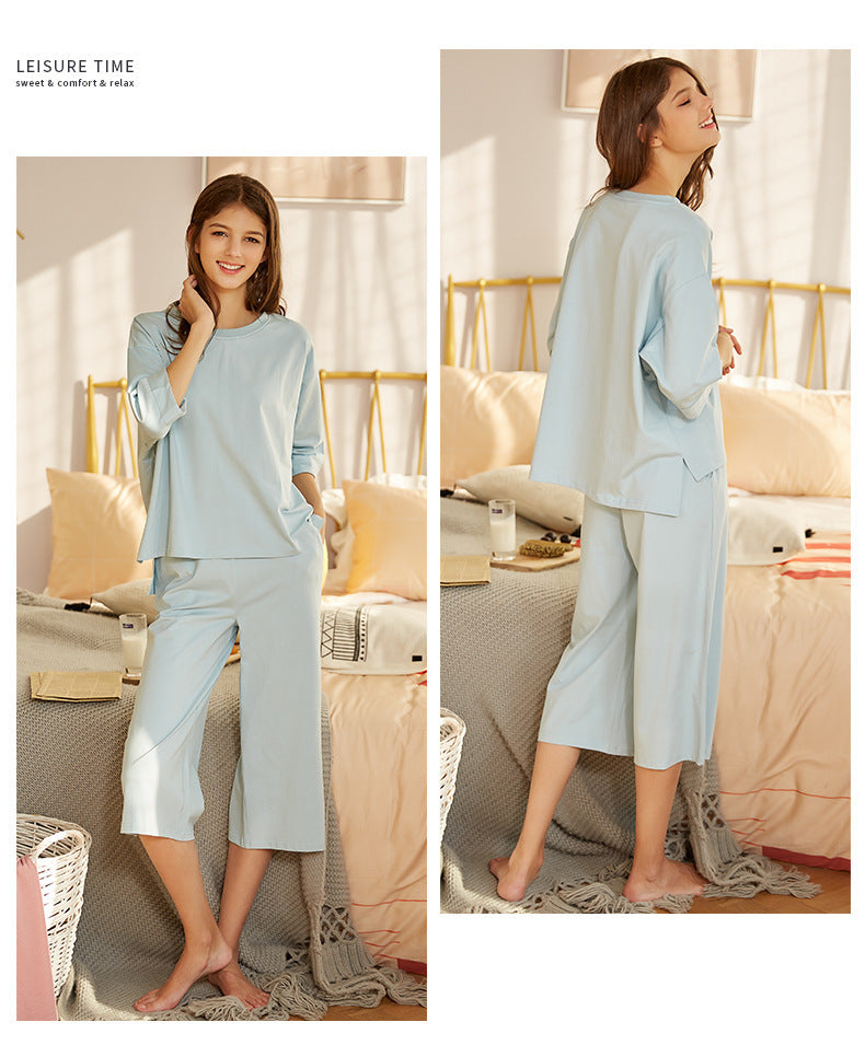 Women's Solid Color Casual Medium Long Trousers Knitted Cotton Pajamas Suit