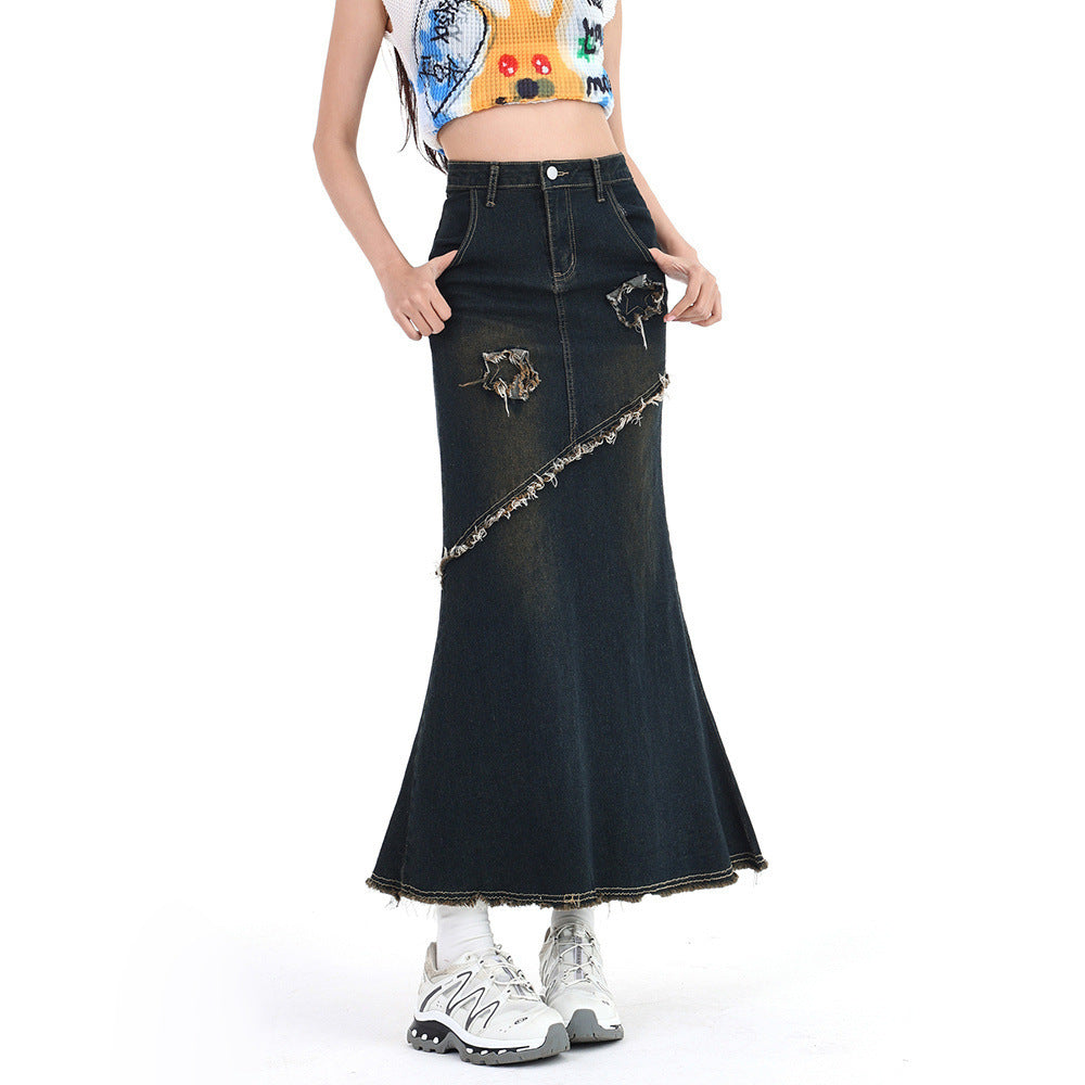 Retro Hot Girl High Waist Stretch A- Line Denim Skirt Women's Mid-length