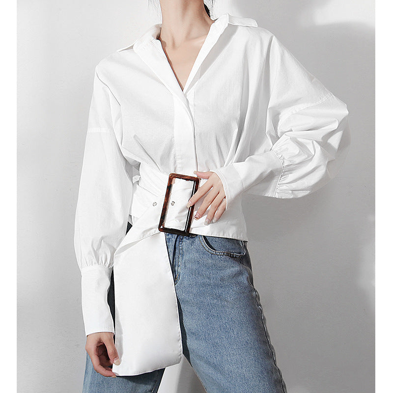 White shirt belt design niche long sleeved shirt