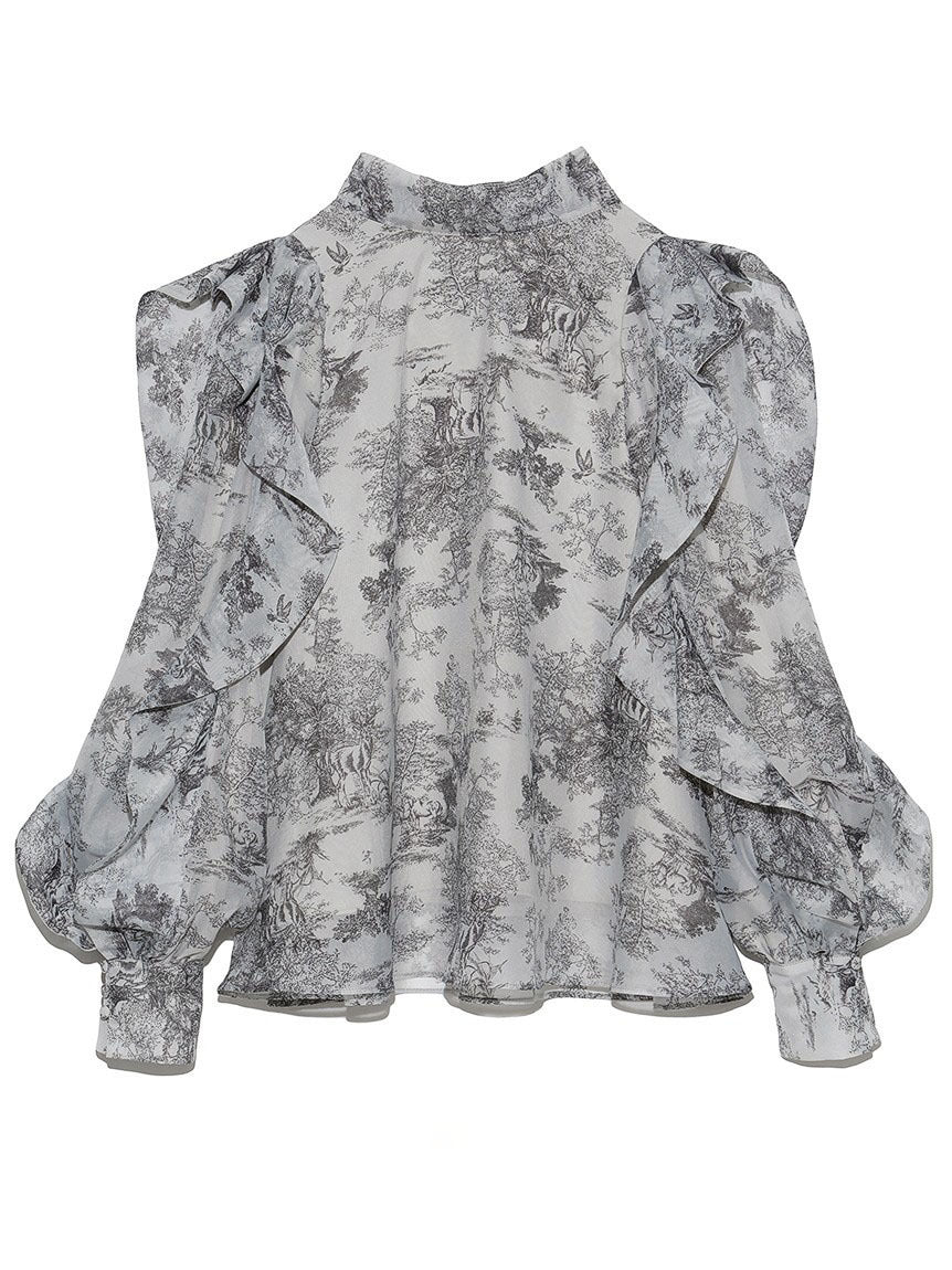 Stand-neck Printed Chiffon Shirt Ruffled Pullover Top