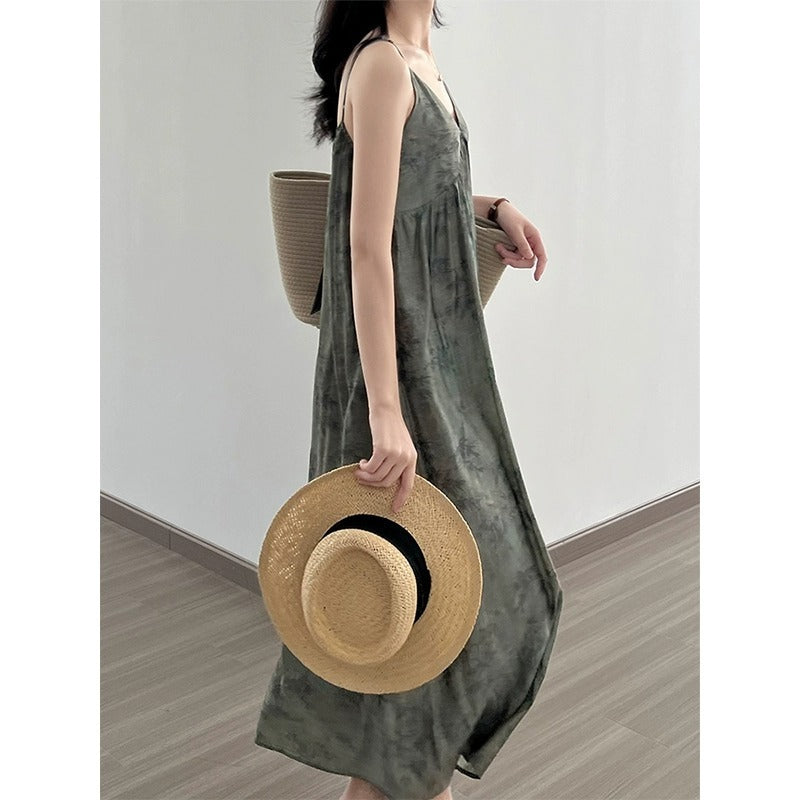 Ink Painting Printing Slip Dress Women's Summer Retro Loose