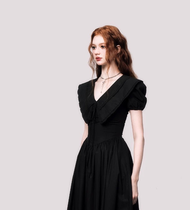 French Gentle V-neck Puff Sleeve Black Dress