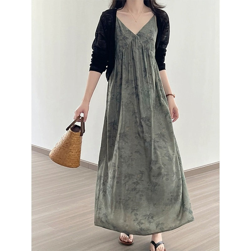 Ink Painting Printing Slip Dress Women's Summer Retro Loose